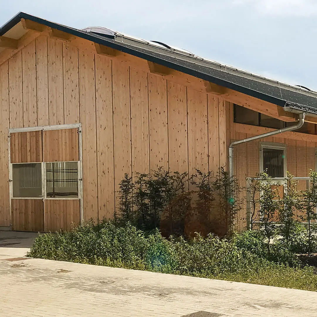 Pferdestall mit Paddocks von aussen in der Sonne