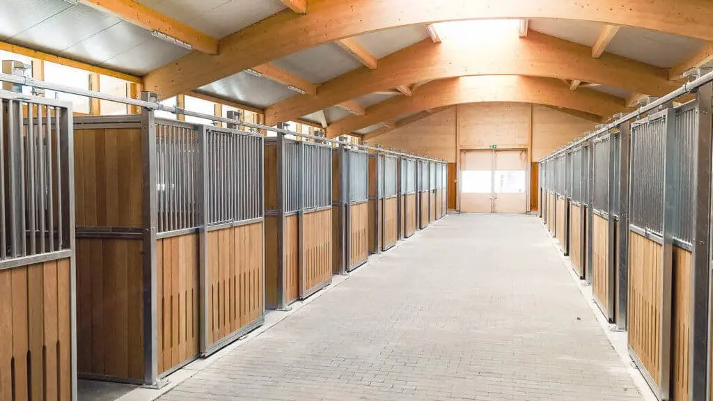 Heller Stallgasse im Pferdestall mit mehreren Boxen