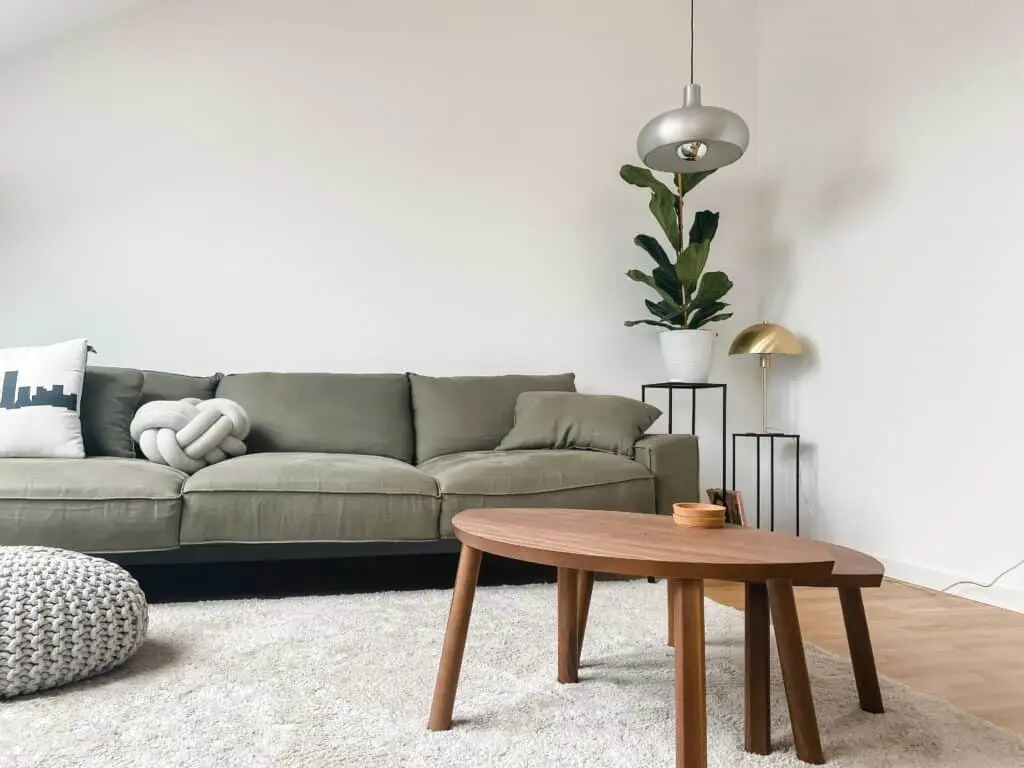 Wohnzimmersofa grün und Holztisch