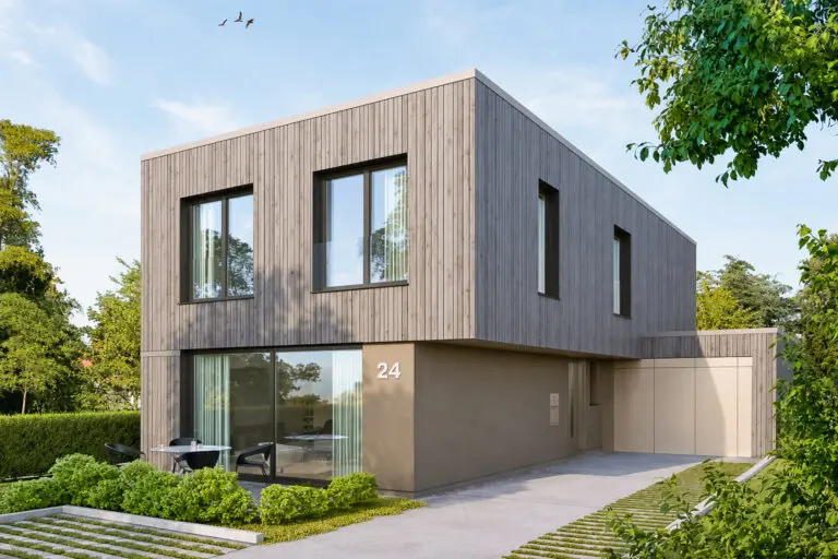 Visualisierung eines Hauses in Holzbauweise mit Holzfassade