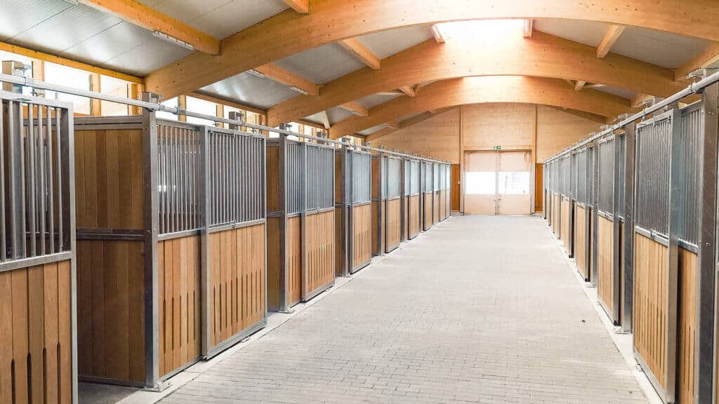 Heller Stallgasse im Pferdestall mit mehreren Boxen