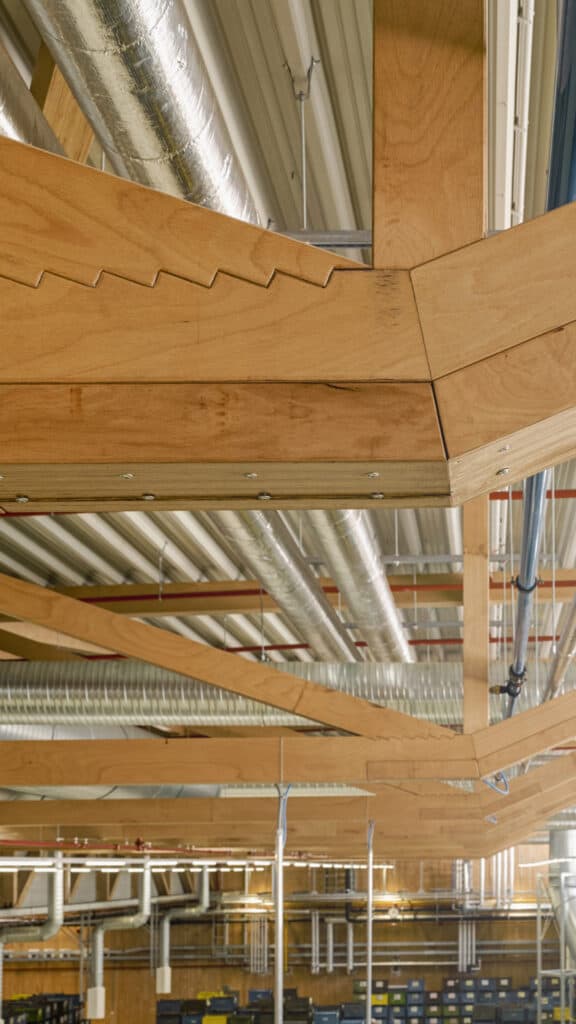 Holzkonstruktion einer Produktionshalle im Detail
