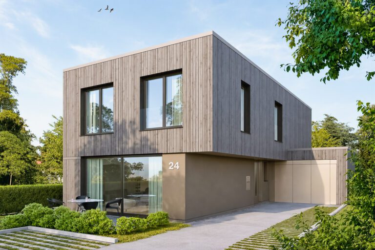 Visualisierung eines Hauses in Holzbauweise mit Holzfassade