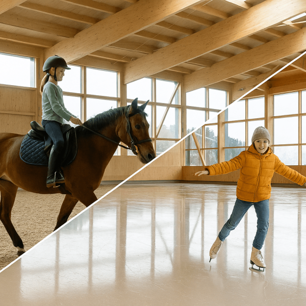 Reithalle Doppelnutzung, Reiten und Schlittschuhfahren in einem. Realisiert mit Schlosser Planprojekt und Schlosser Holzbau